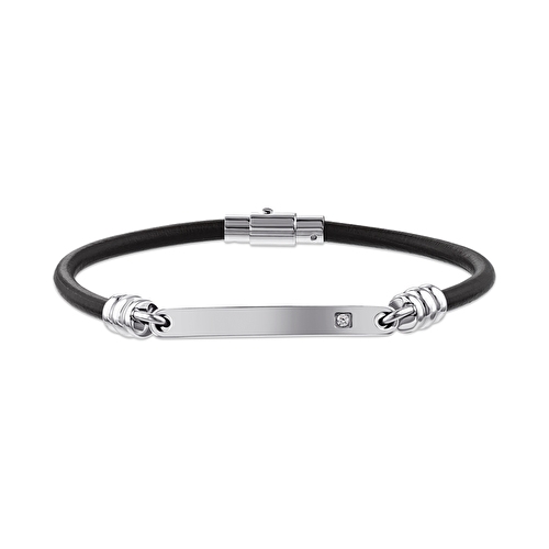 0,03 Karat Pırlanta Siyah Deri Erkek Bileklik