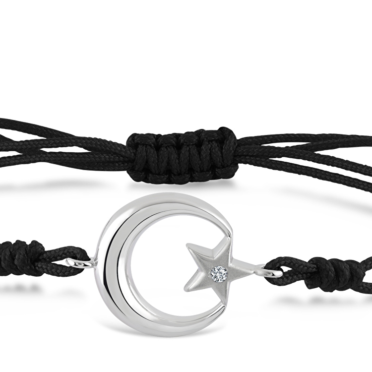 Pırlanta Siyah İpli Gümüş Ay Yıldız Bileklik