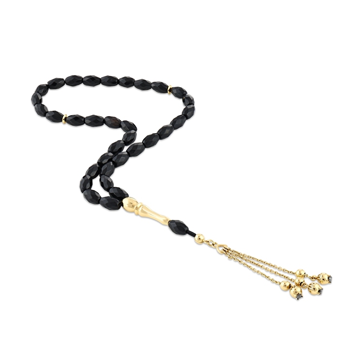 Fasetli Parlak Oniks Altın Tesbih