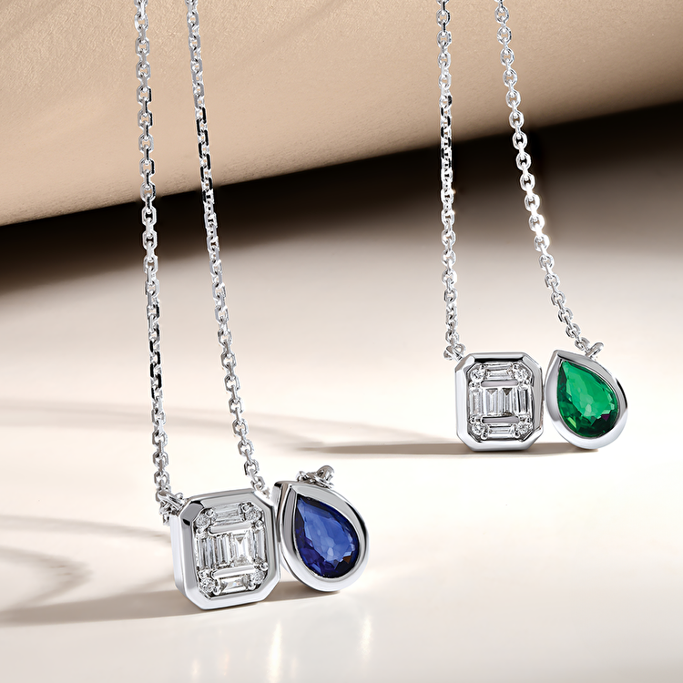 0,52 Karat Baget Pırlanta Safir Kolye
